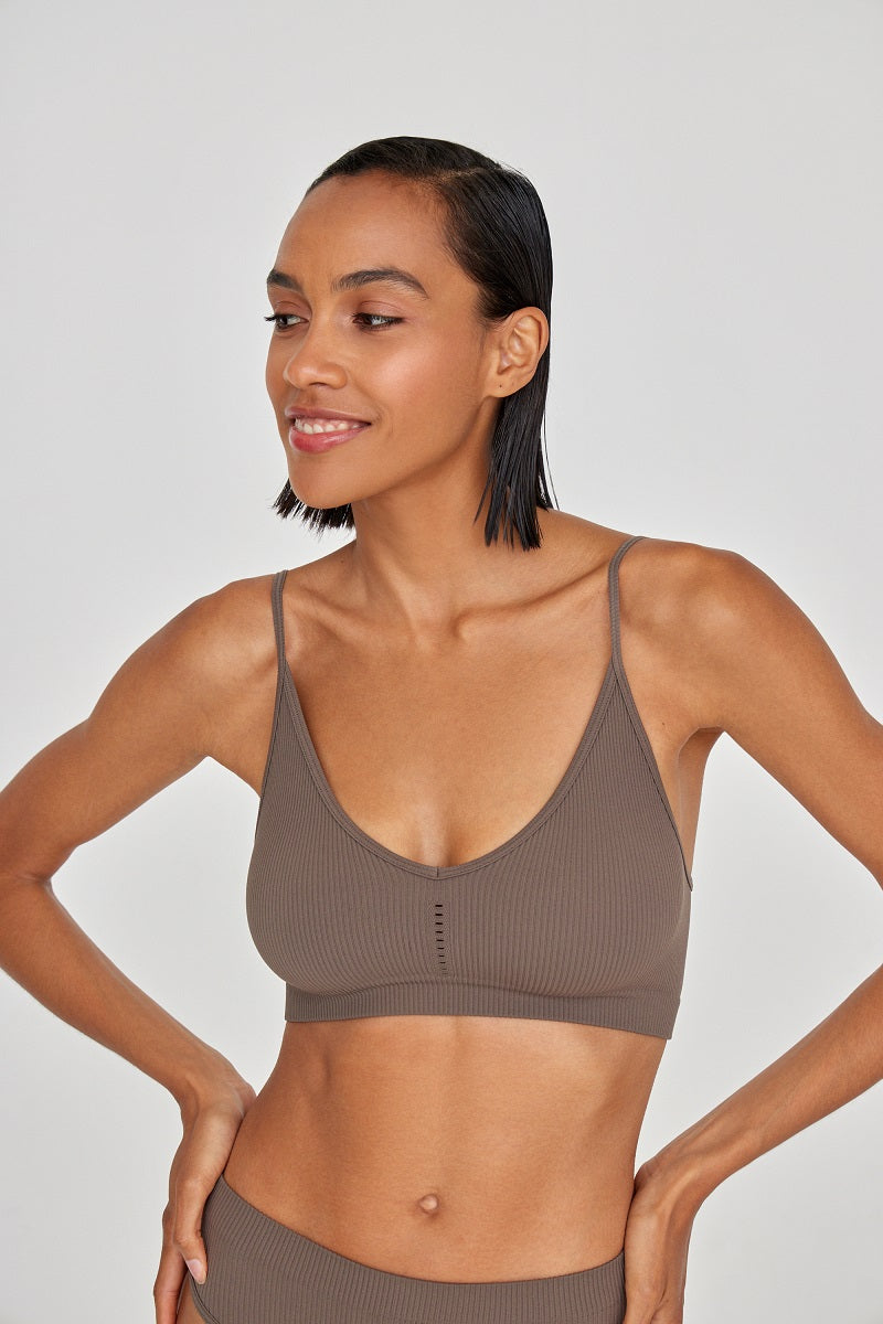 Beige Ribbed V Neck Bralette